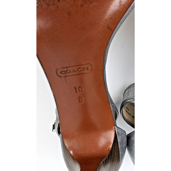 Coach Harleigh Cuba Ankle Strap Sandals Heels Court Leather Metallic Silver 10 - Picture 9 of 10